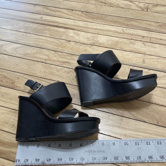 Tory Burch Genuine Leather Platform Wedge Heels Women 6 Black Boho Gold Buckle - Picture 9 of 16